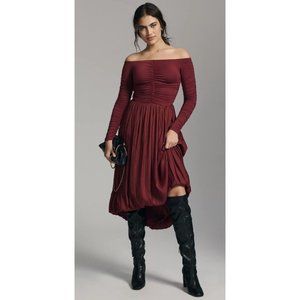 Anthropologie Ruched Bubble Stretch Dress Sz XL NEW $168 Wine Red Long Sleeve